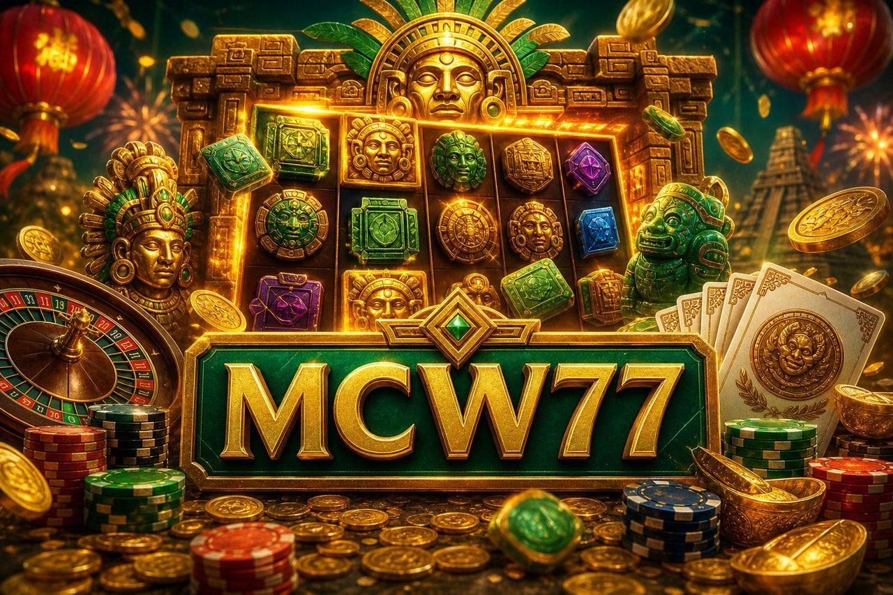 Ảnh bìa đánh giá tổng quan cổng game MCW77 với giao diện slot, bắn cá và game bài